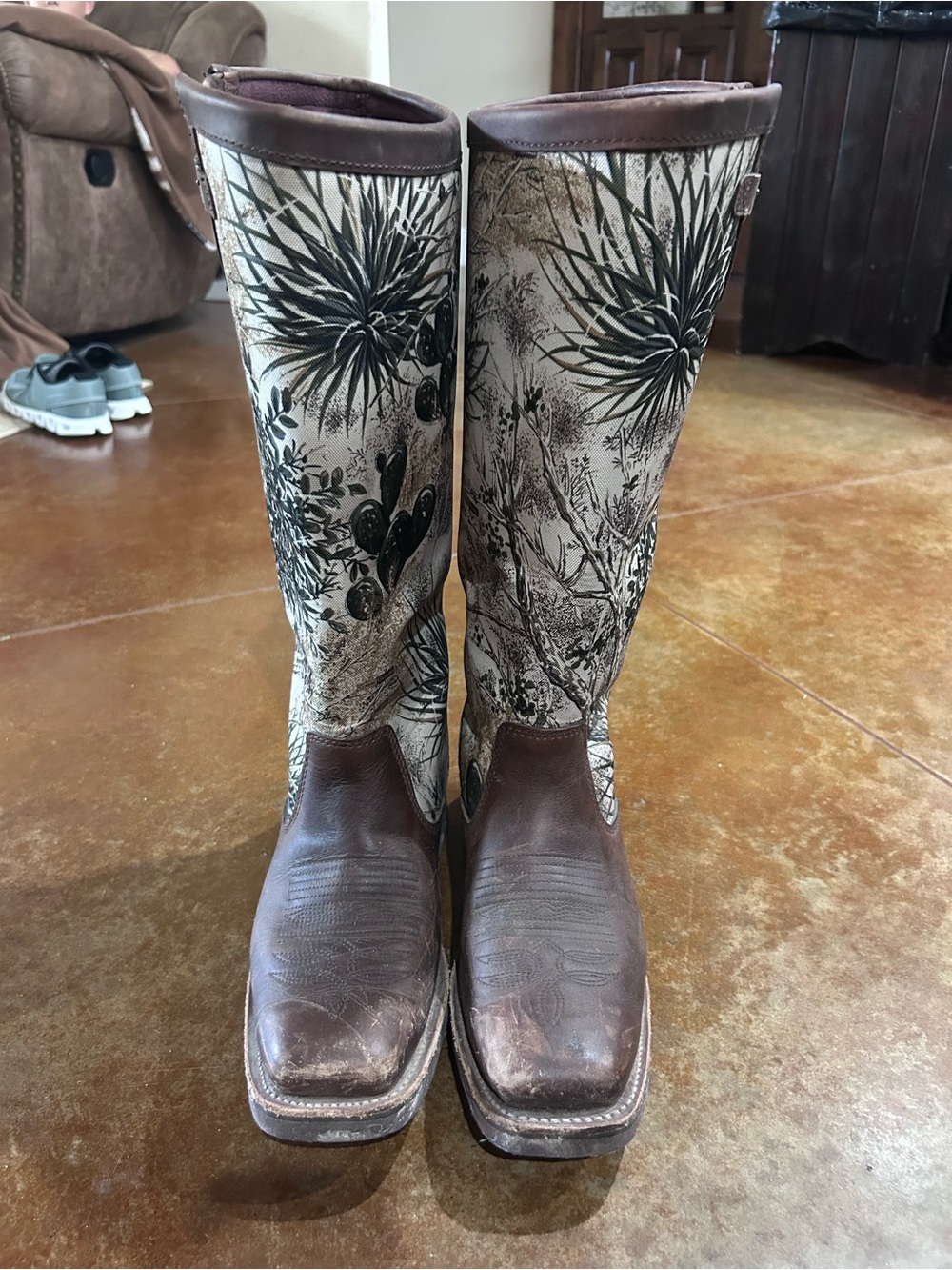Chippewa Brown Leather Foot with Cream & Black Botanical Shaft Cowboy Boots